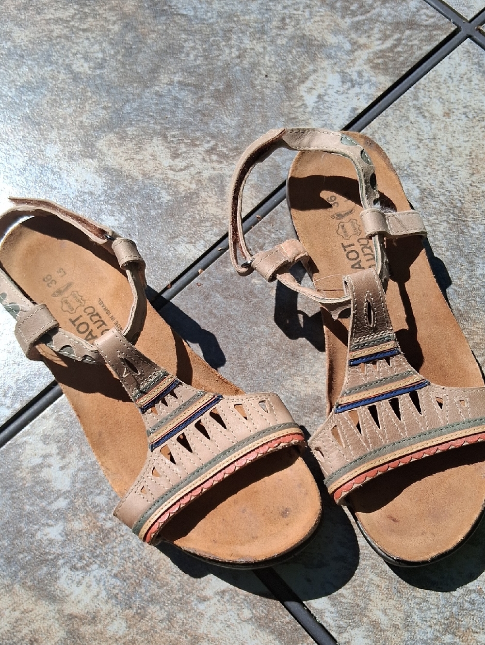 Naot Tan Leather T-Strap Sandals with Multicolor Trim